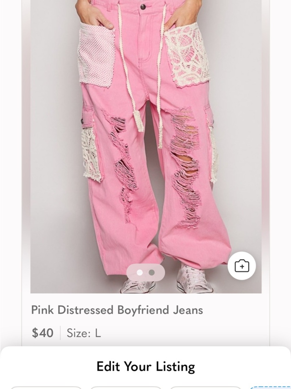 POL Pink Distressed Cargo Joggers with Cream Lace Patches - Picture 2 of 4